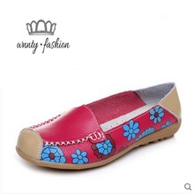 Genuine Leather Women Flats shoes New 2016 women fashion slip on woman women leather shoes with flowers soft loafer Summer