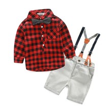 Baby Set Boys Clothes Cotton Plaid Shirt Short Suspender Jeans Pant 2pcs Spring Summer Children Sets