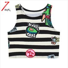 2016 summer women cotton comfortable harajuku cartoon print crop top short slim stretchy striped tank top