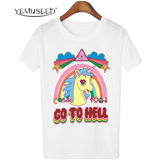 Женщины Повседневная Единорог Футболки Harajuku Blusa Топы Экипаж Шеи Белый С Коротким Рукавом футболка Леди Тройники