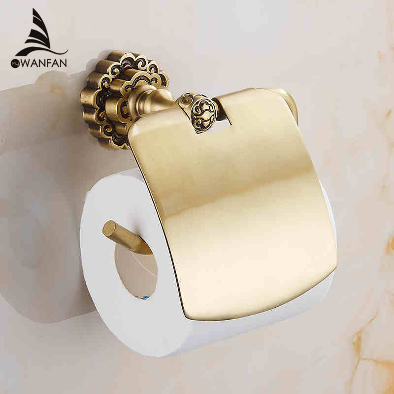New Bathroom Toilet Paper Holder With Cover Antique Brass Roll Tissue Rack Carved Pattern Base Paper Shelf Wall Mounted 10708F