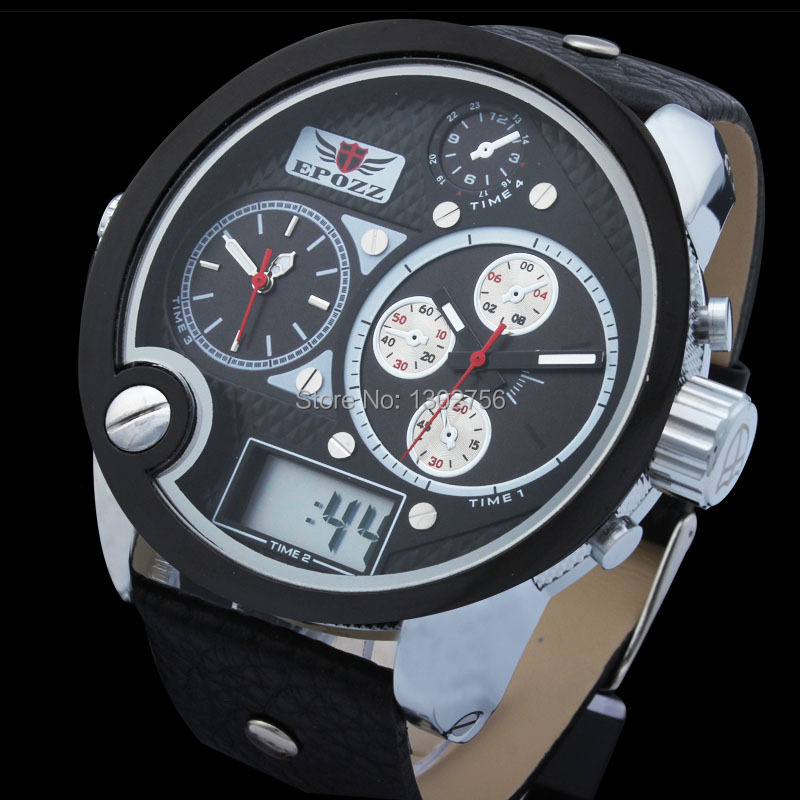 2014 new watch 3 time zones military analog digital quartz LED date mens leather strap sports watches luxury brand wristwatches