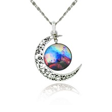 Brand Fashion Jewelry Choker Necklace Glass Galaxy Lovely Pendant Silver Chain Moon Sliver Pendant Necklace