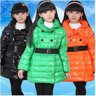 2014 Winter Baby Girls Clothing Coats,Children's Down Jackets Long Outerwear,Kids Warm Casual Hooded Jackets with Belt  for Girl