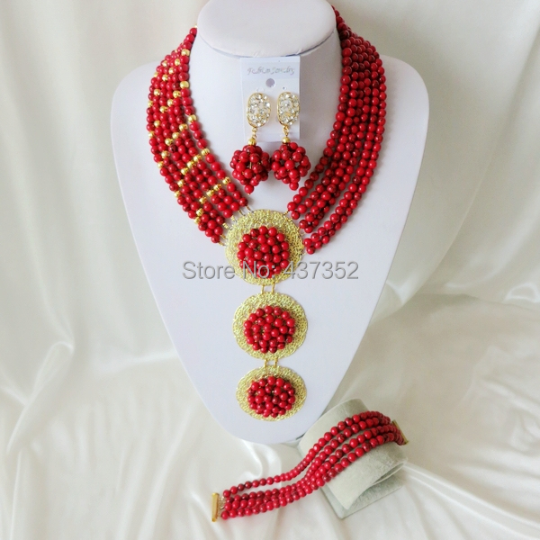 Handmade Nigerian African Wedding Beads Jewelry Set , Red Coral Beads Necklace Bracelet Earrings Set CWS-388