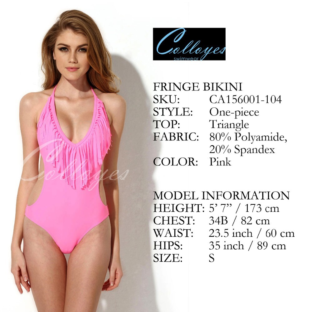 CA156001-104 Colloyes Fashion Sexy Pink Tassel One-piece Swimwear Fringe Side Cut-outs Womens Beachwear Bikini Swimsuit Bathing Suit Summer (2)