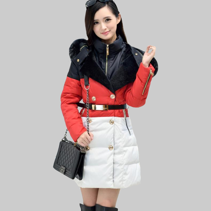 2015 new down jacket Korean Slim spell color hooded long section Nagymaros collar down jacket Girls W0173