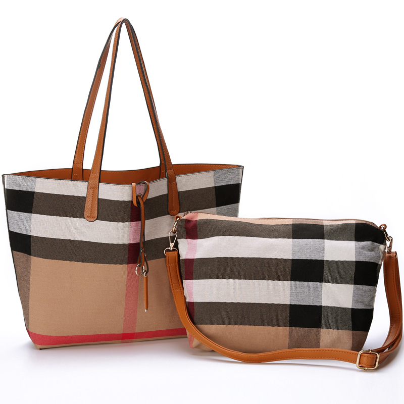 Double Sided Bags 2015 New Plaid Canvas Bag Casual ladies PU Leather Designer Handbags High ...