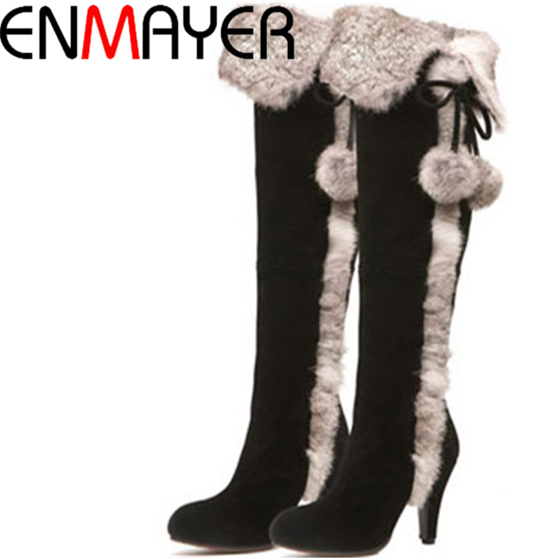 ENMAYER Full Grain Leather + Rabbit High-heeled boots for women Fashion Pointed Toe long Boots snow new Knee-High winter Boots