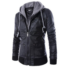 Men’s Clothing 2015 New Arrival Hooded Men’s Leather Jacket Korean Stylish Fashion Slim Fit PU Leather Jacket Black Size S-2XL