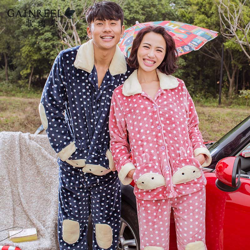 Song Riel autumn and winter 2015 cute Polka Dot flannel pajamas men and women couple home