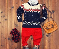 2015 Autumn Kids Children Boys Sweater Warm Wool Dot Stripe Pullover Outwear Tops Long Sleeve Wool Shirt Kids Clothes SW80811-3