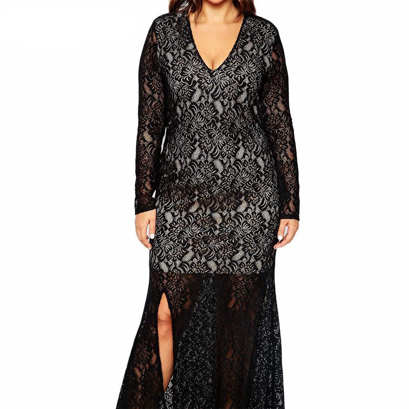 Autumn Winter Women V-neck Full Lace Vintage Big Plus Size 8XL Long Maxi Dress (3)