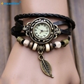 Hcandice Hot Selling Womens Bracelet Vintage Weave Wrap Quartz Leather Leaf Beads Wrist Watches Gift 1pcs