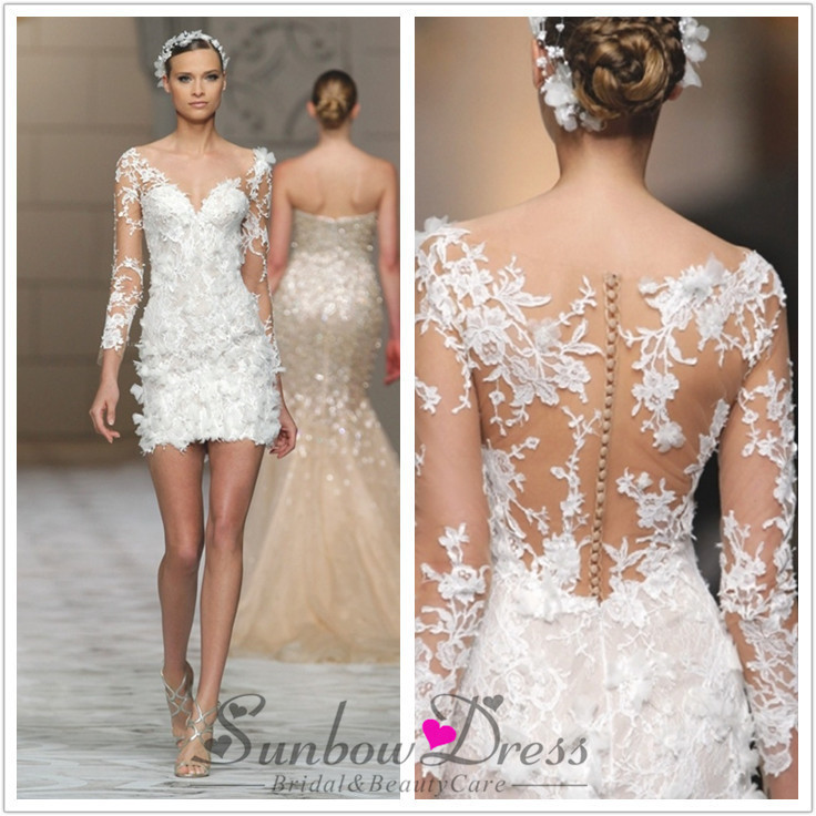 Vestido de novia corto 2016 sexy Cuello En V con cuentas apliques ilusión de manga larga de encaje vestido de novia de marfil VE.