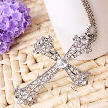 Crystal strass large cross pendant silver chain long necklace gem goth jewelry Jesus piece crucifix necklaces women colier kolye