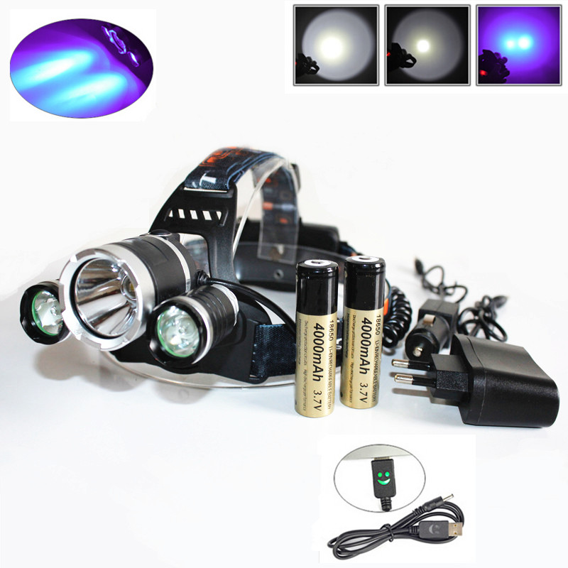 Super Bright 5000 Lumen T6+2R5 UV LED Headlight Headlamp Ultraviolet Head Lamp lampe frontale +Ac/Car/Usb Charger+ 18650 Battery