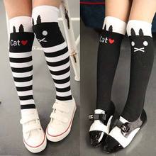 1 Pair of Baby Kids Girls Children Cotton Cute Stocking Princess Stripes Tights Cat Pattern Knee High Socking for 1-8 Years Old