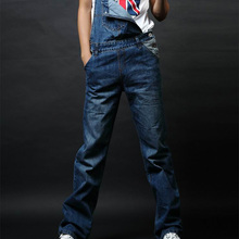 2015 denim bib pants male jeans trousers straight spaghetti strap pants jumpsuit pants loose