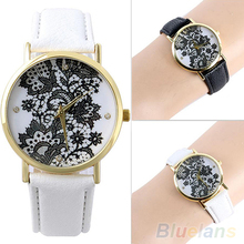 Moda mujer de encaje redondo impreso Faux del cuero del cuarzo reloj de pulsera analógico vestido 2L5X