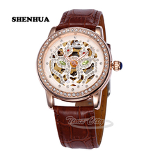 2016 SHENHUA Cool Women s Self Wind Automatic Mechanical Wrist watches Rhinestone Skeleton Waterproof Leather Strap