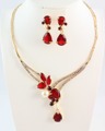 Free shipping high quality fashion gold plated Simulated Pearl Red Gem necklace earrings set wedding jewelry
