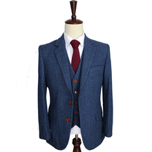 Blue Herringbone Retro gentleman style Men custom made suits tailor made suits Blazer men suits for wedding(Jacket+Pants+Vest)