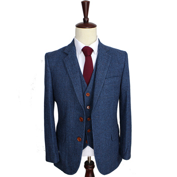 Шерсть синий елочка ретро стиль джентльмен на заказ мужских костюмов портной костюм пиджак костюмы для мужчин 3 шт. ( куртка + брюки + жилет )