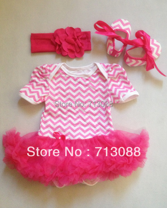 25 New baby headband hanger 774   chevron baby romper with skirt with match baby shoes and headband set 