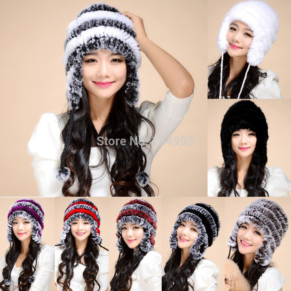 Cute New Real knitted REX rabbit fur hat Beanie ha...