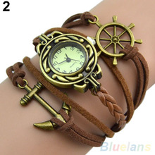 Retro Rudder Anchor Charm Leather Band Quartz Wrist Watch 2DXE