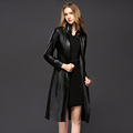 KOCLES 2016 New Autumn Winter Windbreaker Women Fashion Slim Trench Coat Faux Leather Turn down Collar