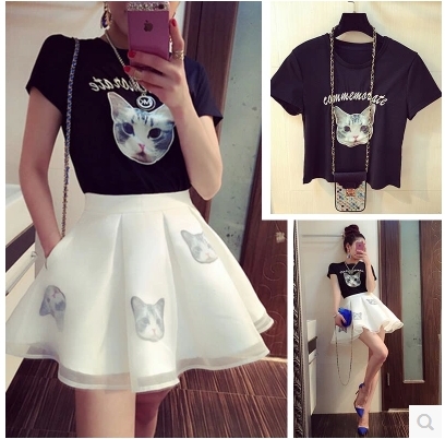 Women's skirt sets summer fashion cute kitty printed short-sleeved T-shirt + organza tutu skirts suits