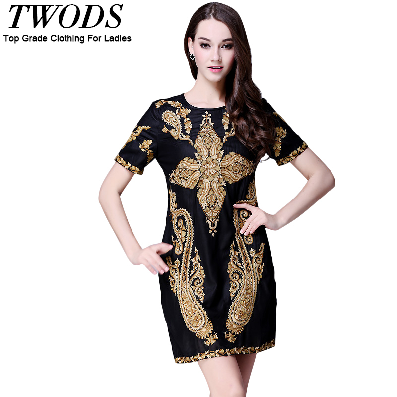 Twods Top Grade Clothing Women's Short Sleeve Scoop Neck Slim Cut Vintage Summer Style Mini Mexican Embroidery Dress