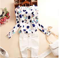 DSGS 2016 Summer Casual Chiffon Shirts Sexy Deep round-Neck Women Blouses Blue White Long Sleeve Solid Tops Plus Size Loose