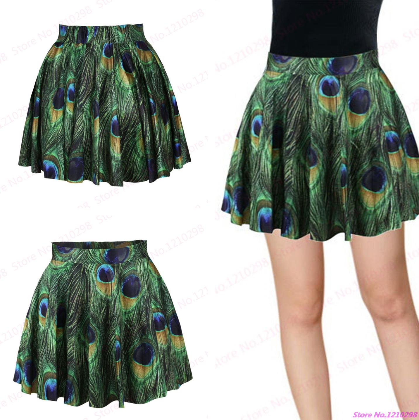 New Peacock Feather Mini Skirt Beautiful 3D Printed Flared Pleated Pettiskirt Punk Dance Short Skirts Tennis