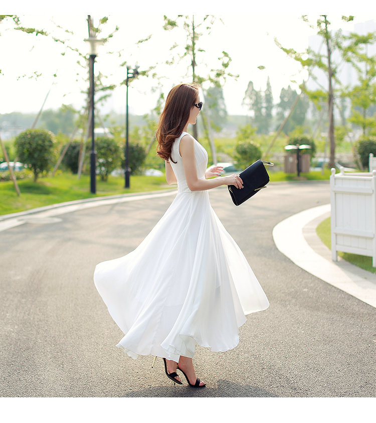 2015 Summer Plus size Woman Casual Chiffon Long dress Solid sleeveless V-Neck Floor length White Color S~XXL Women clothing -7