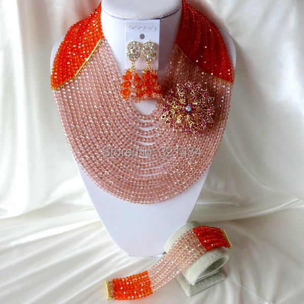 Fashion Nigerian African Wedding Beads Jewelry Set Rhinestone Flower Orange Peach Crystal Necklaces Bracelet Earrings CRB-1259