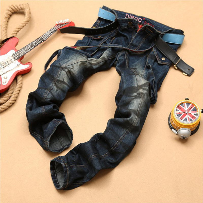 High quality mens jeans slim fit blue color printed jeans 100% cotton biker jeans for men 530