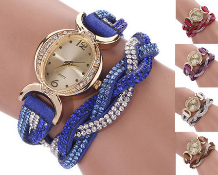 2015 new Two Tone Rhinestone Wrap Faux Suede Round Dial Quartz Bracelet WristWatches women Casual Watches