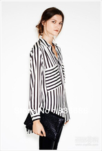 2014 Free shipping elegant ladies black and white striped loose chiffon blouse shirt with big pockets