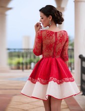 2016 New Style Scoop Neck Mini kilt Prom Dresses Lace Applique A Line Quarter Sleeve Exquisite Prom Party Dress