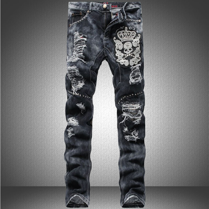 ripped jeans for Mens Famous brand casual denim Skull Trousers Fashion jeans man Skinny pants elastic cotton pencil Cargo pants