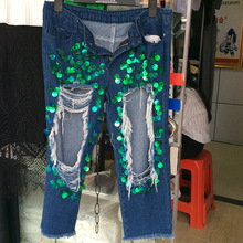 European 2016 New Summer Sequin Hole Ripped Jeans For Women Ankle length Pants Female Personality Pants