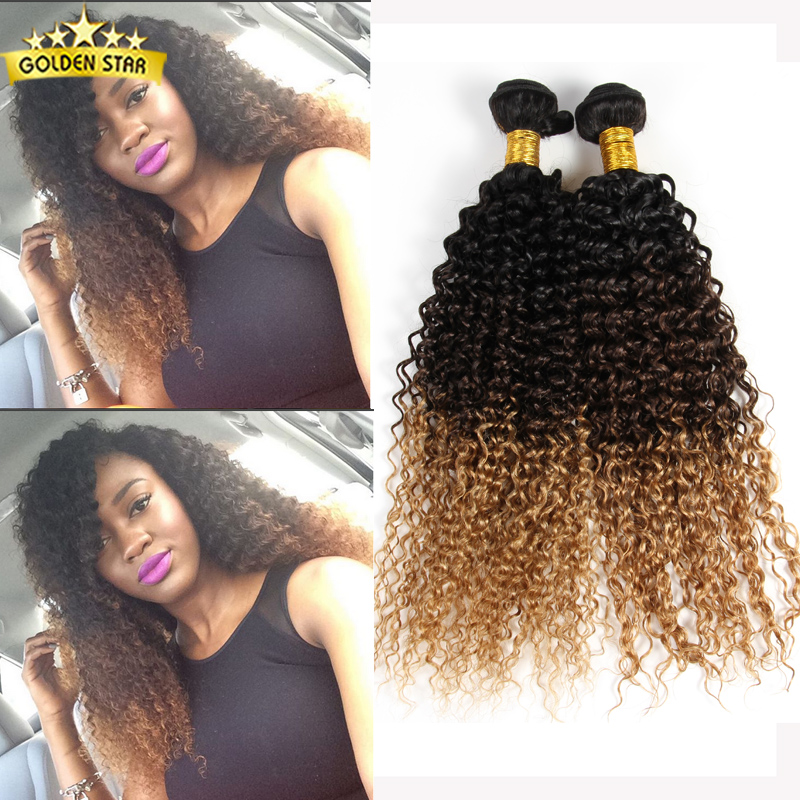 7a Peruvian Virgin Hair Ombre Afro Kinky Curly Hair Weave 3 Tone Brown And Blonde Ombre Human Hair Extensions Kinky Curly 3Pcs