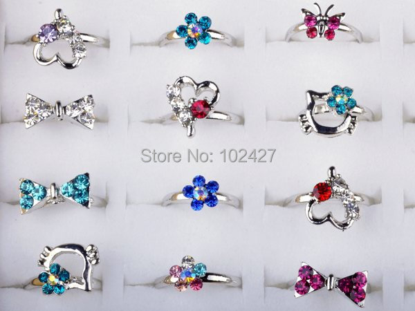 Wholesale Lot 5Pcs Silver Plated Assorted Design Crystal Ring Cute Kid Child Party Small Adjustable Rings