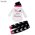 Niosung New Christmas Boys Outfit Clothes Print Romper Tops Long Pants Trousers Hat 1Set Bebe Birthday