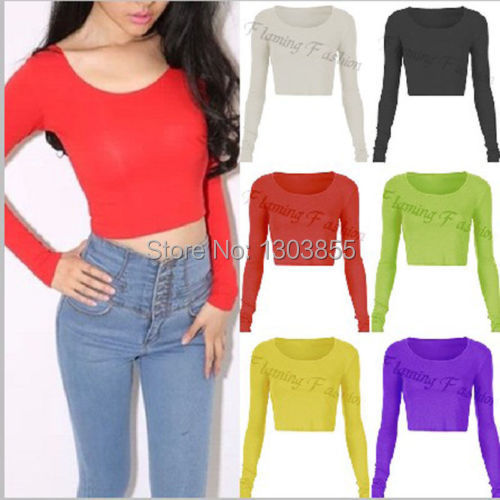 Fashion Sexy Womens Ladies Slim Long Sleeve Crop Top Crew Neck T Shirt Blouse 7Colors