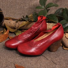 2015 Retro Style Handmade Shoes Women Chunky Heels Pumps Round Toe High Heels Genuine Leather