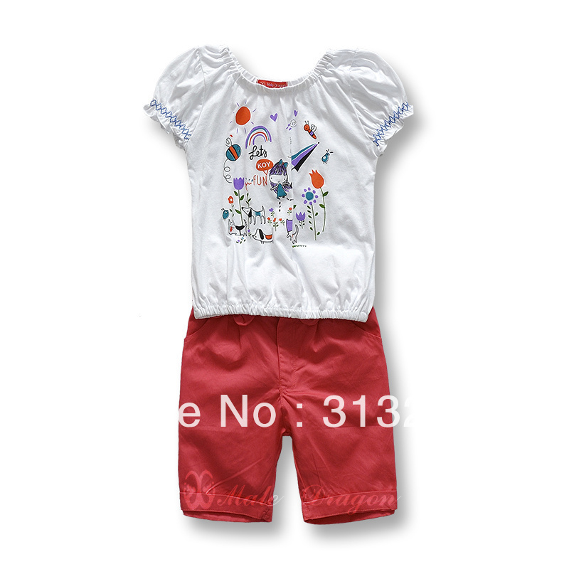 HL8182, 5sets/lot, baby children 2pcs clothing set, summer short sleeve T shirt + woven bow shorts for 1-5 year.
